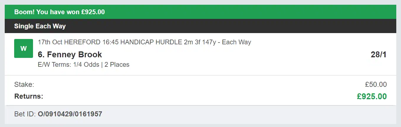 Each Way Money - Winner - 2023-10-17
