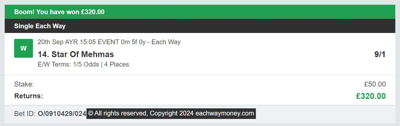 Each Way Money - Winner - 2024-09-20