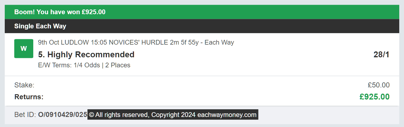 Each Way Money - Winner - 2024-10-09