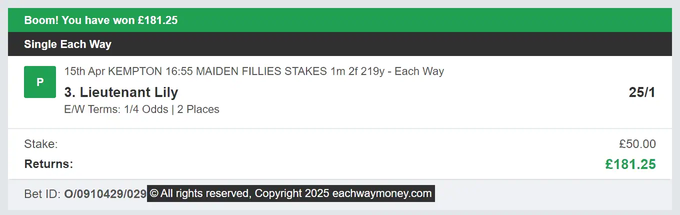 Each Way Money - Winner - 2025-04-15