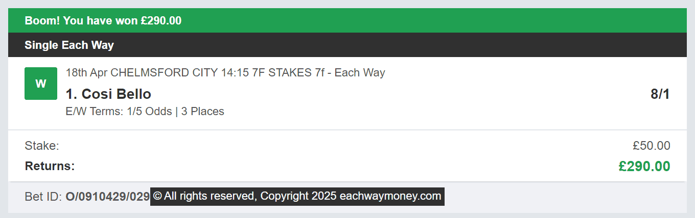 Each Way Money - Winner - 2025-04-18